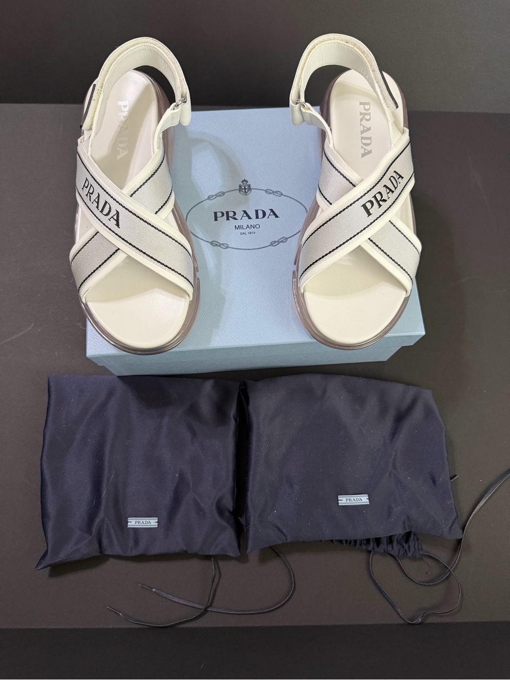 Prada Cream  Calzature Donna Canvas Crisscross Slingback Sandals